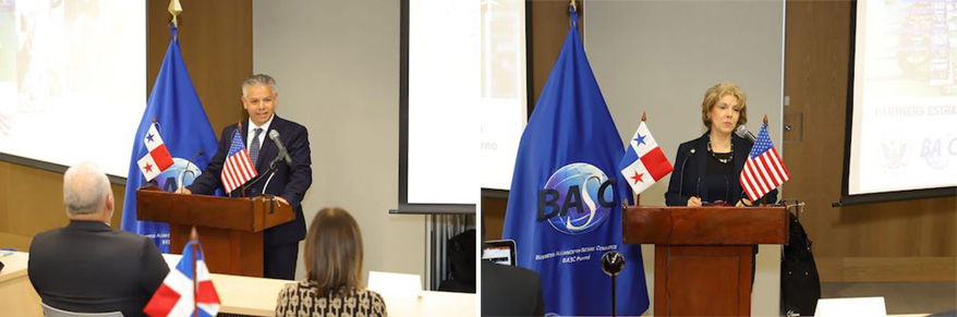 Los Sres. Erik Moncayo, Director Ejecutivo y Presidente Internacional (E) de WBO y Giomar González, Directora Ejecutiva de BASC Panamá, durante la instalación del evento de lanzamiento de Comité de Seguridad Marítimo Portuario de WBO.