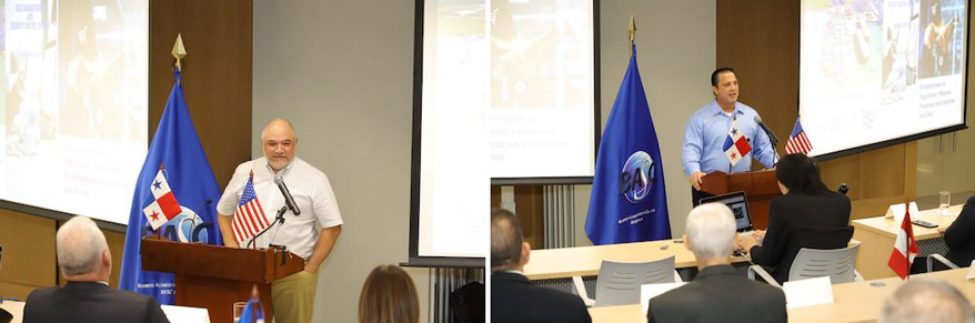 Los Sres.: Manuel Garza, Director Ejecutivo del Programa CTPAT - CBP, Raymond Monzón, Especialista en Seguridad de la Cadena de Suministro del programa CTPAT - CBP, durante sus intervenciones en la plenaria del lanzamiento.